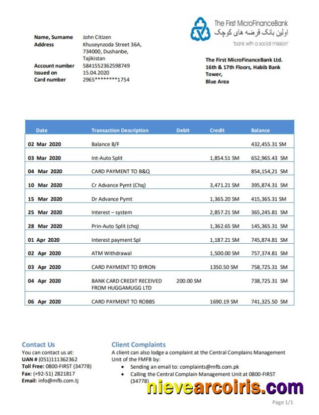 Tajikistan The First MicroFinance (FMFB) Bank statement
